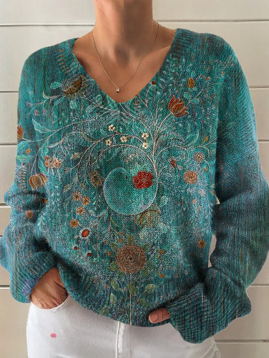 Women's Vintage Ethnic Floral Art Print Casual V-neck Pullover Knit