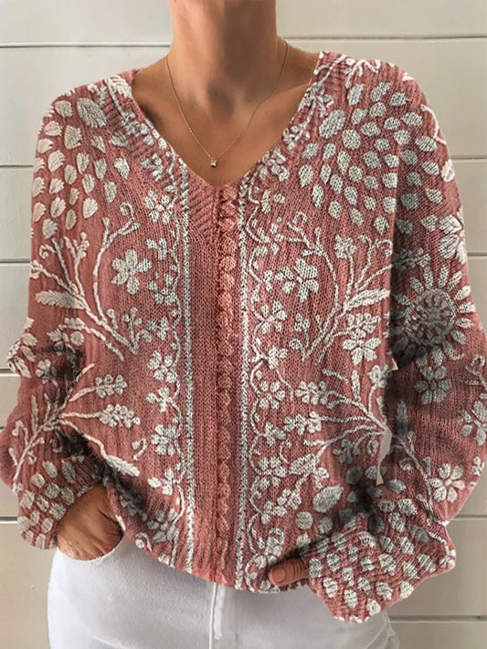 Women's Vintage Ethnic Floral Art Print Casual V-neck Pullover Knit