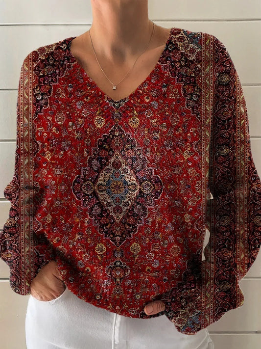 Women's Vintage Ethnic Floral Art Print Casual V-neck Pullover Knit