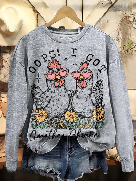 Women's Retro Another Chicken Art Print Crew Neck Sweatshirt