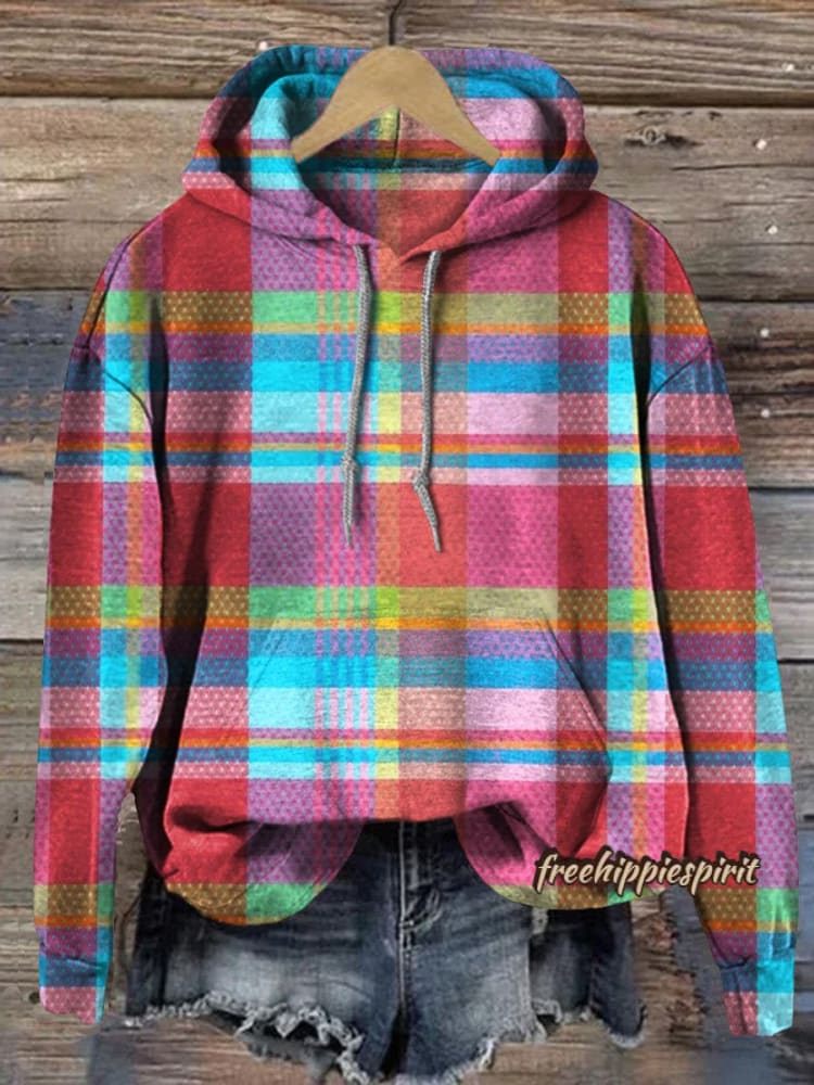 Colorful Plaid Print Casual Hoodie Sweatshirt