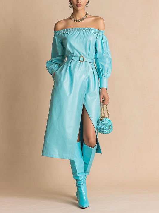Taidalw Chic Elegant Blue Faux Leather Off The Shoulder Loose Fit Belted Long Sleeve Slit Midi Dress