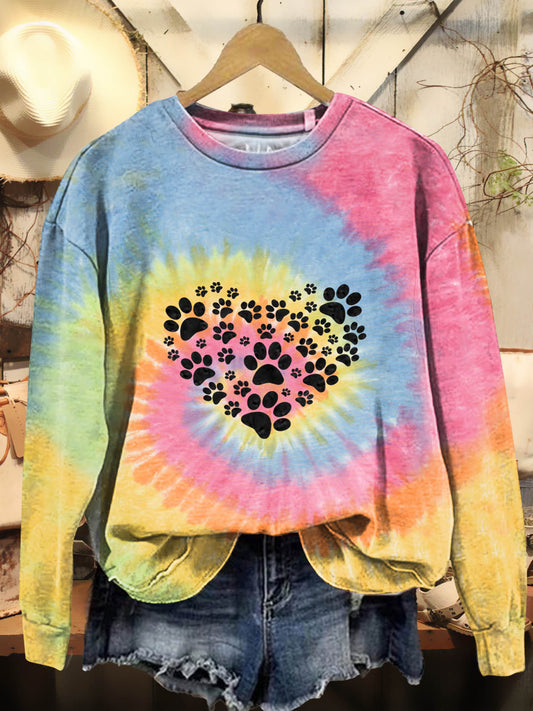 Colorful Tie Dye & Puppy Paw Heart Prints Casual Sweatshirt