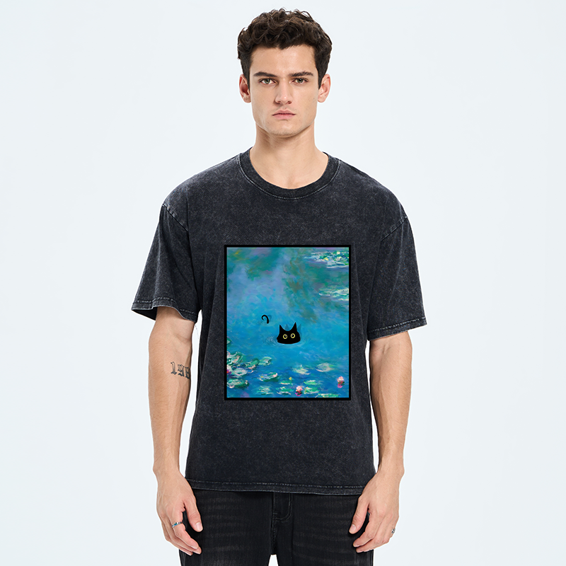 Monet Water Lily Cat Washed T-Shirt