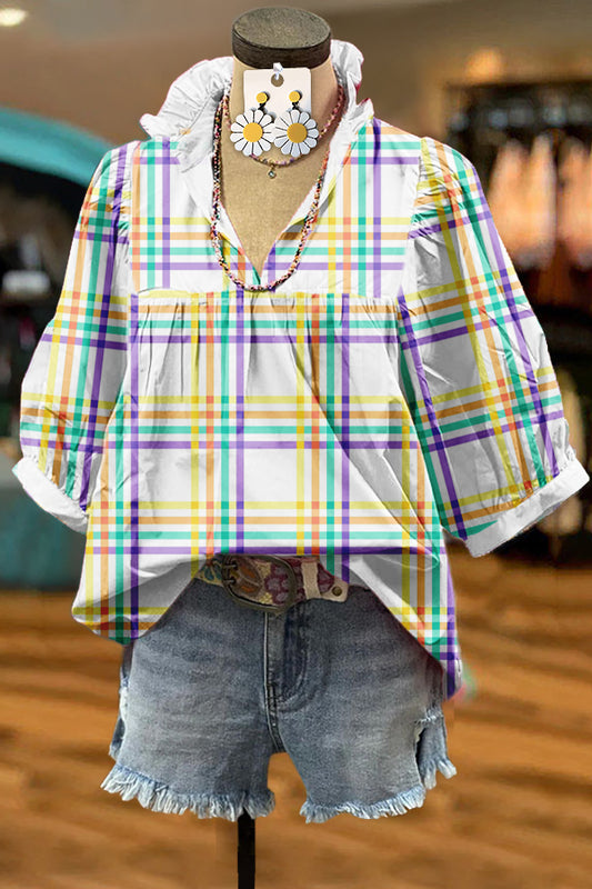 Fresh Plaid Print Puff Sleeve Blouse