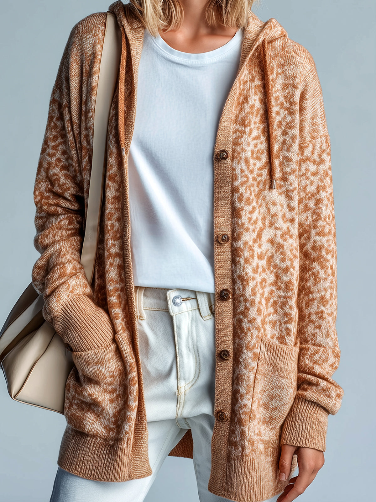 Taidalw Chic Vintage Khaki Leopard Hooded Single-Breasted Patch Pocket Mid-Length Slouchy Knit Cardigan