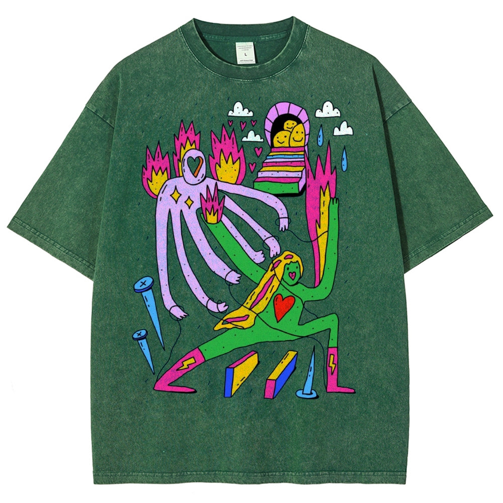 Unisex Art Abstract People Printed Washed Tee