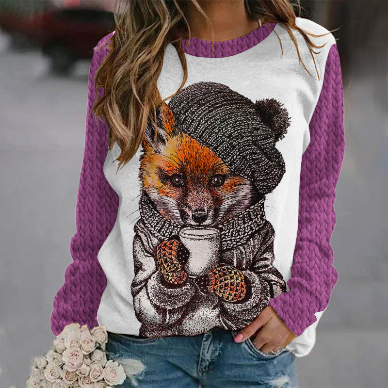 Women's Fox Coffee Print Round Neck Cozy Knit Sweater