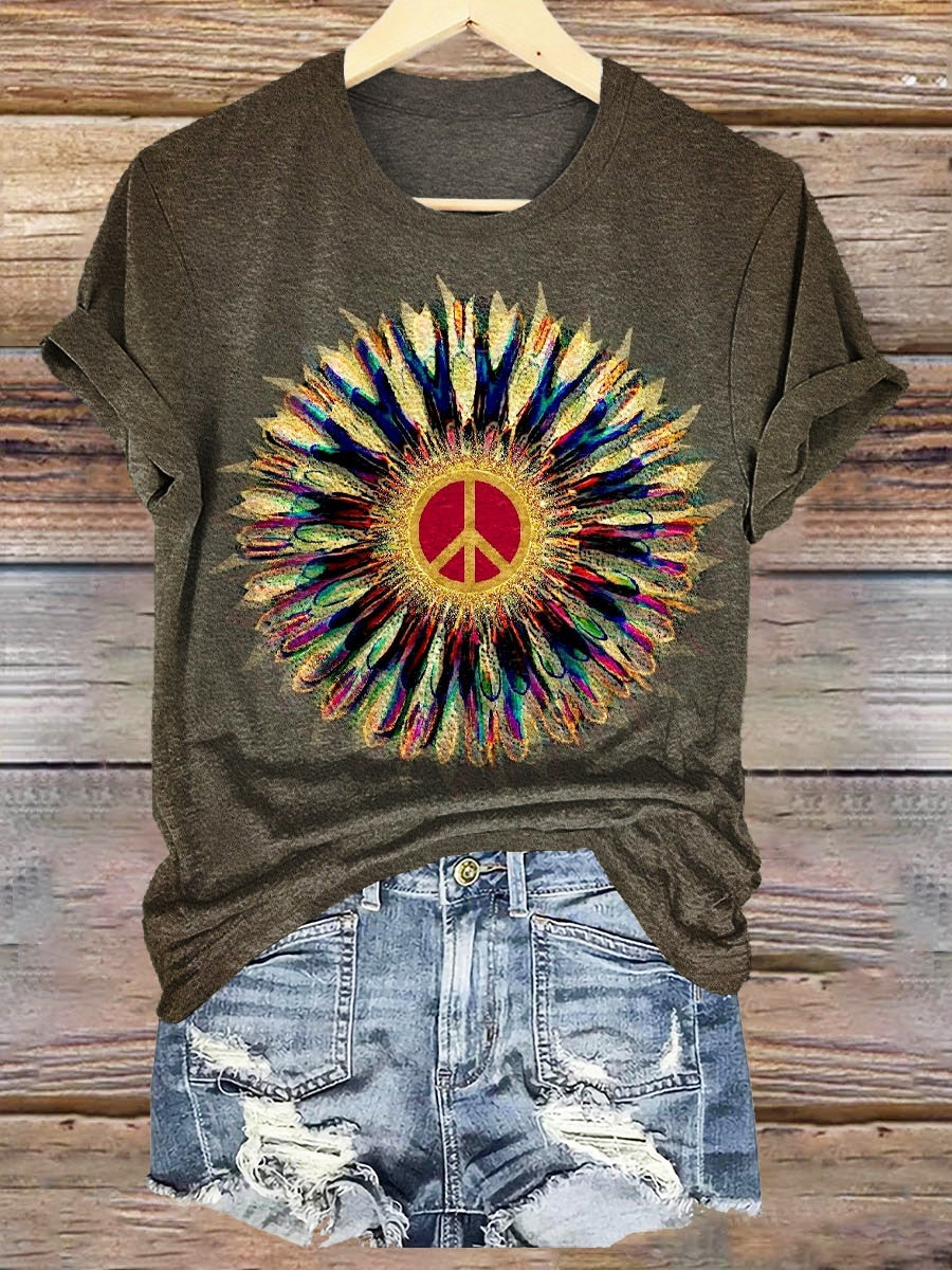 Women's Hippie Peace Sunflower Print Crew Neck T-shirt