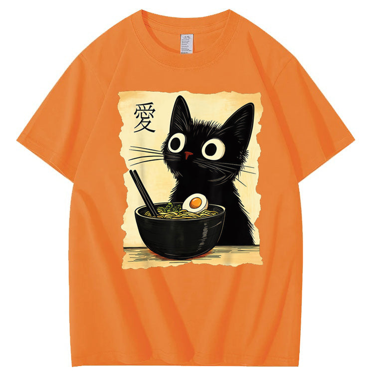 Funny Cat Ramen Graphic Tee Japanese Kawaii Anime Cat 100% Cotton T-Shirt