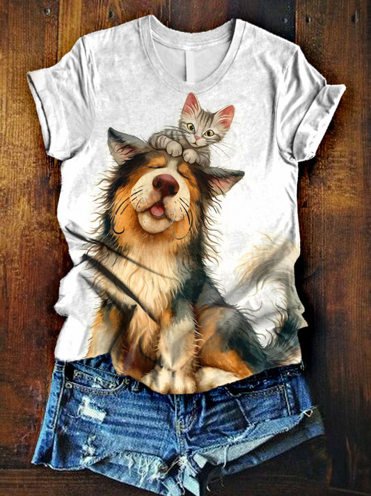 Lovely Dog and Cat Art Print Casaul T-shirt