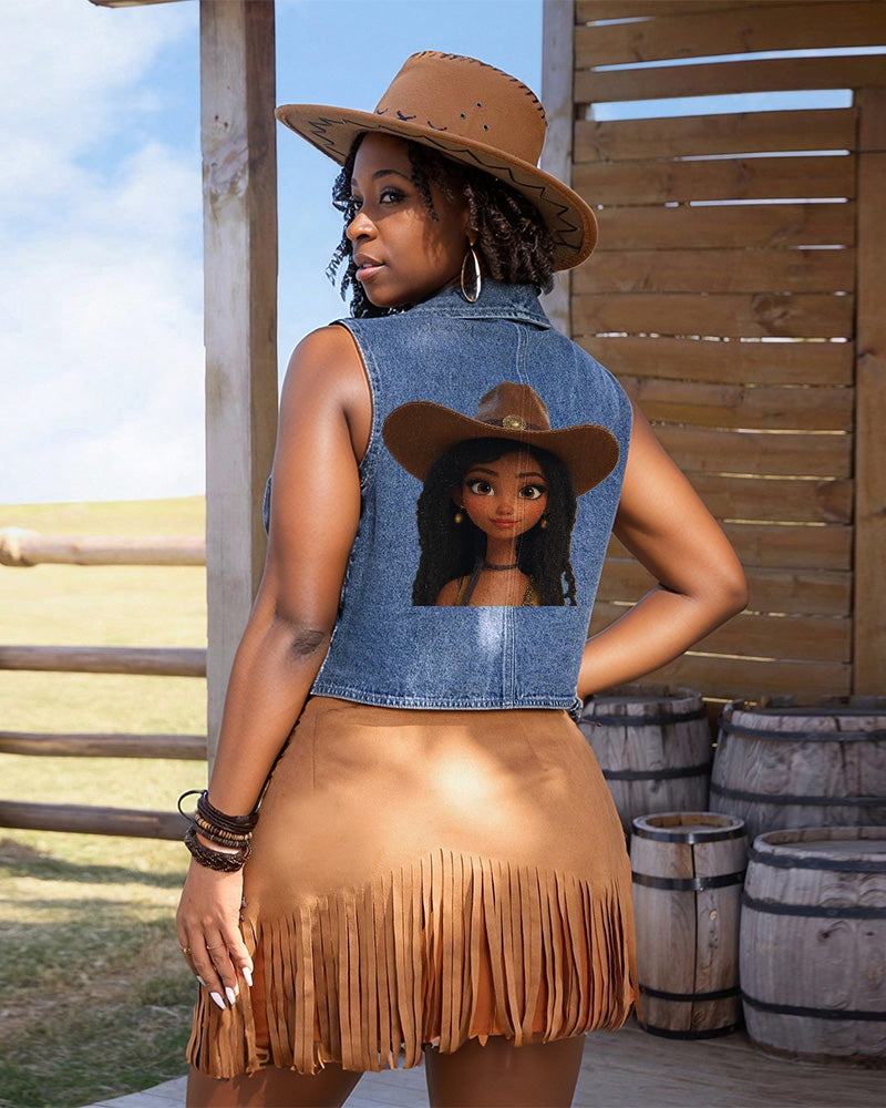 Cartoon Black Cowgirl Single-Breasted Casual Denim Waistcoat