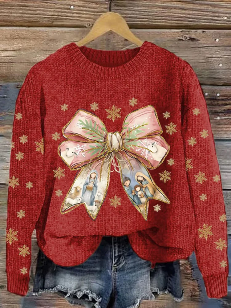 Women's Christmas Bows Art Print Crew Neck Casual Knit Pullover