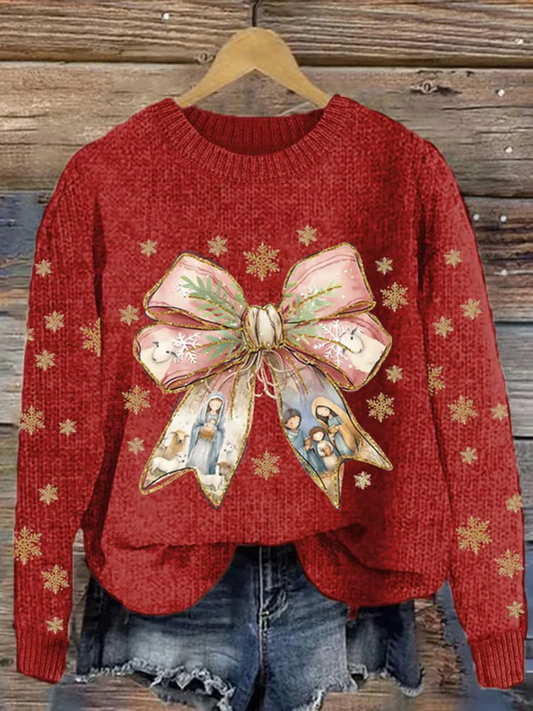 Women's Christmas Bows Art Print Crew Neck Casual Knit Pullover