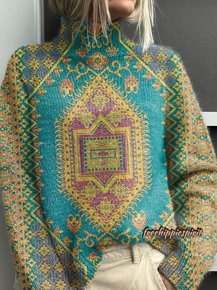 Women's Vintage Lovely Floral Art Print Knit Turtleneck Pullover Sweater