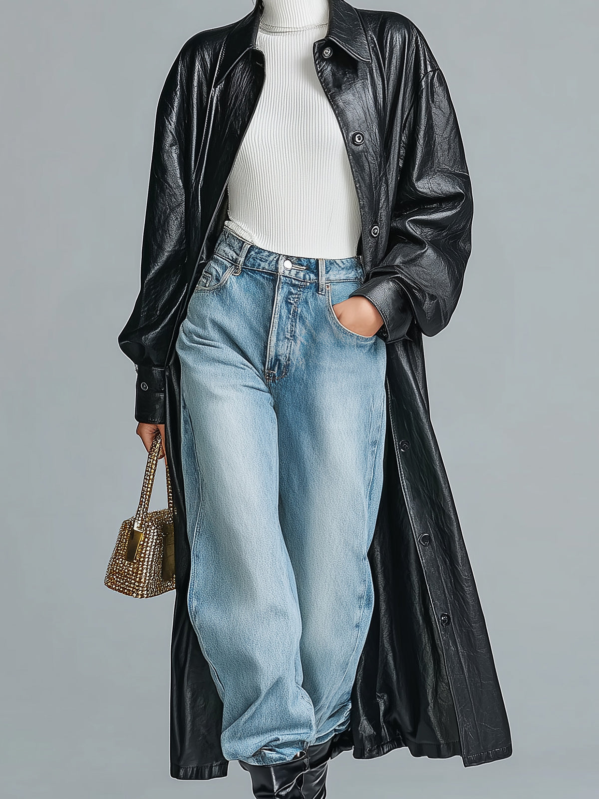 Taidalw Chic Vintage Black Faux Leather Lapel Single Breasted Long Sleeve Oversized Maxi Trench Coat