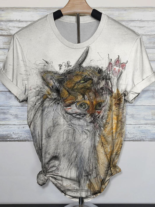 Funny Cat Print Casual Short Sleeve Top