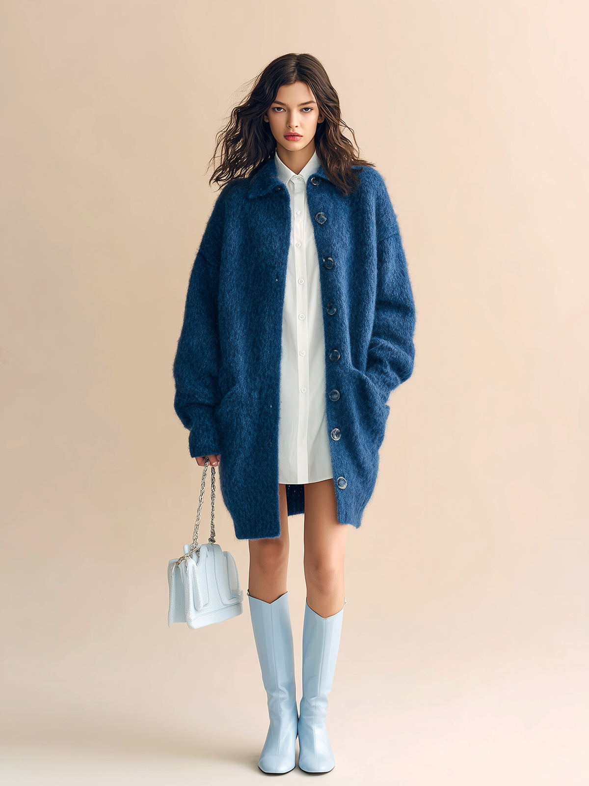 Taidalw Chic Vintage Dark Blue Lapel Single-Breasted Long Sleeve Oversized Knit Mid-Length Cardigan