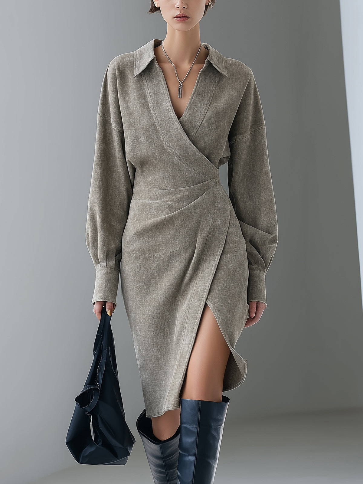 Taidalw Chic Vintage Gray Faux Suede Lapel V-Neck Wrapped Slit Long Sleeve Slim Fit Midi Dress
