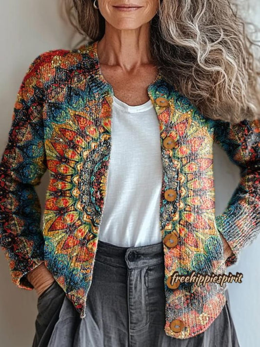 Retro Ethnic Totem Pattern Love and Peace Print Buttoned Cardigan Sweater