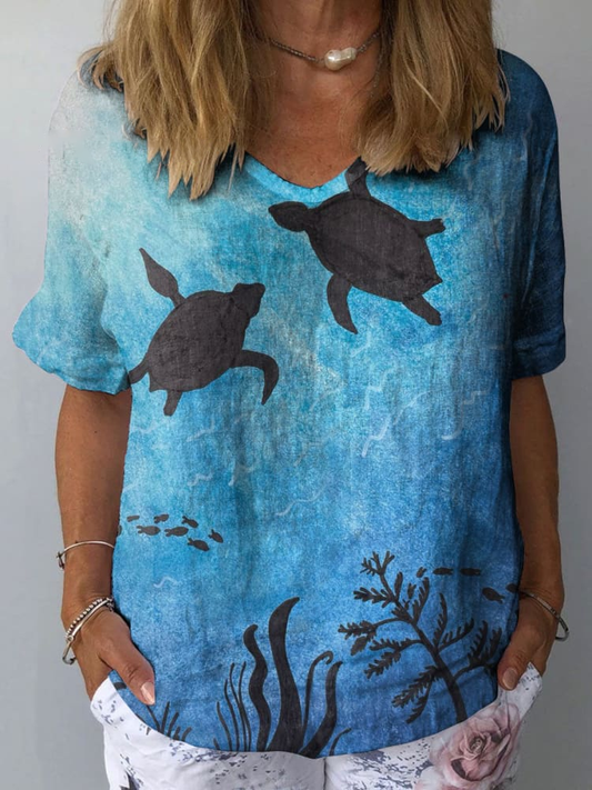 Women's Underwater World Turtle Pattern Print Cotton And Linen Top