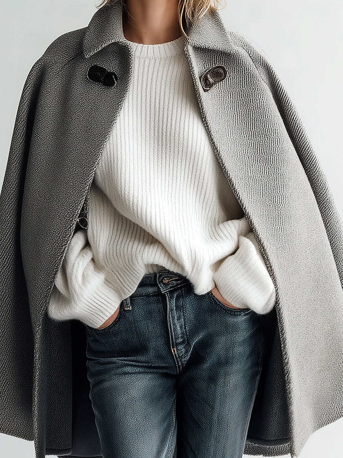 Taidalw Chic Vintage Gray Wool Blend Lapel Collar Single-Button Cape Coat