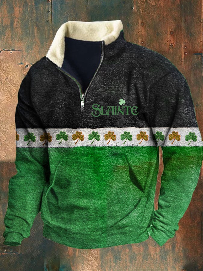 Men's Slainte St. Patrick's Day CloverTrefoil Stand Collar Button Sweatshirt