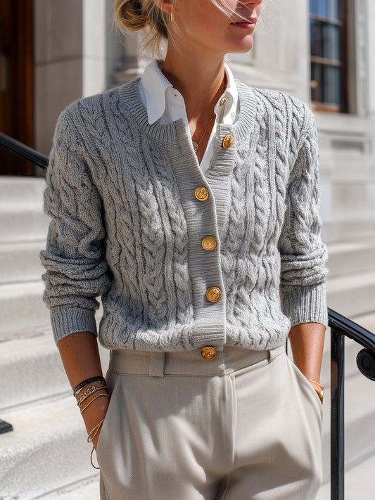 Taidalw Casual Chic Light Gray Cable Knit Crew Neck Gold Button Cropped Cardigan