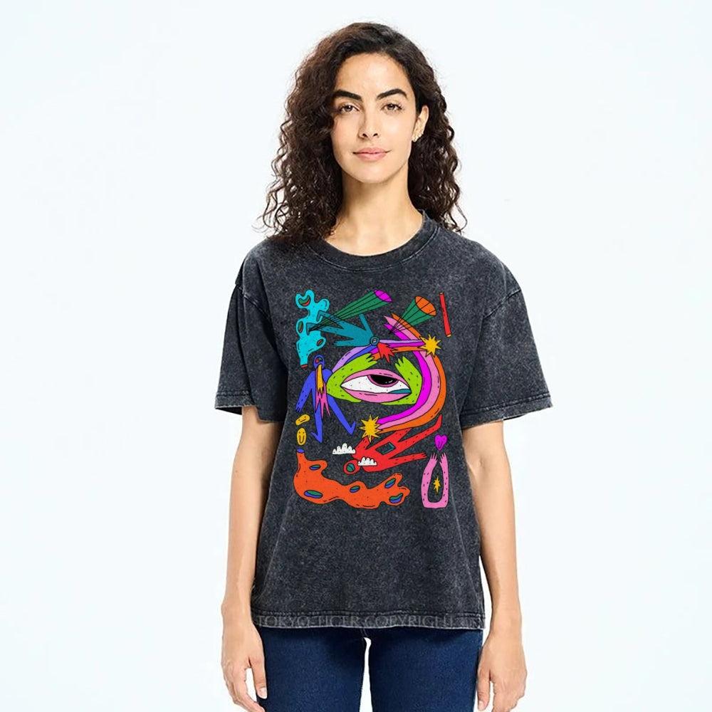Unisex Abstract Art Eyes Printed Washed Tee