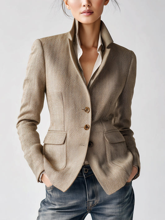 Taidalw Chic Vintage Khaki Herringbone Wool Blend Slim-Fit Single-Breasted Flap Pocket Blazer