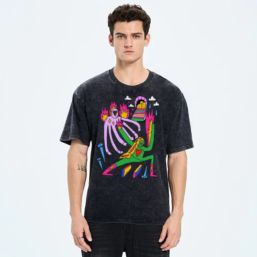 Unisex Art Abstract People Printed Washed Tee