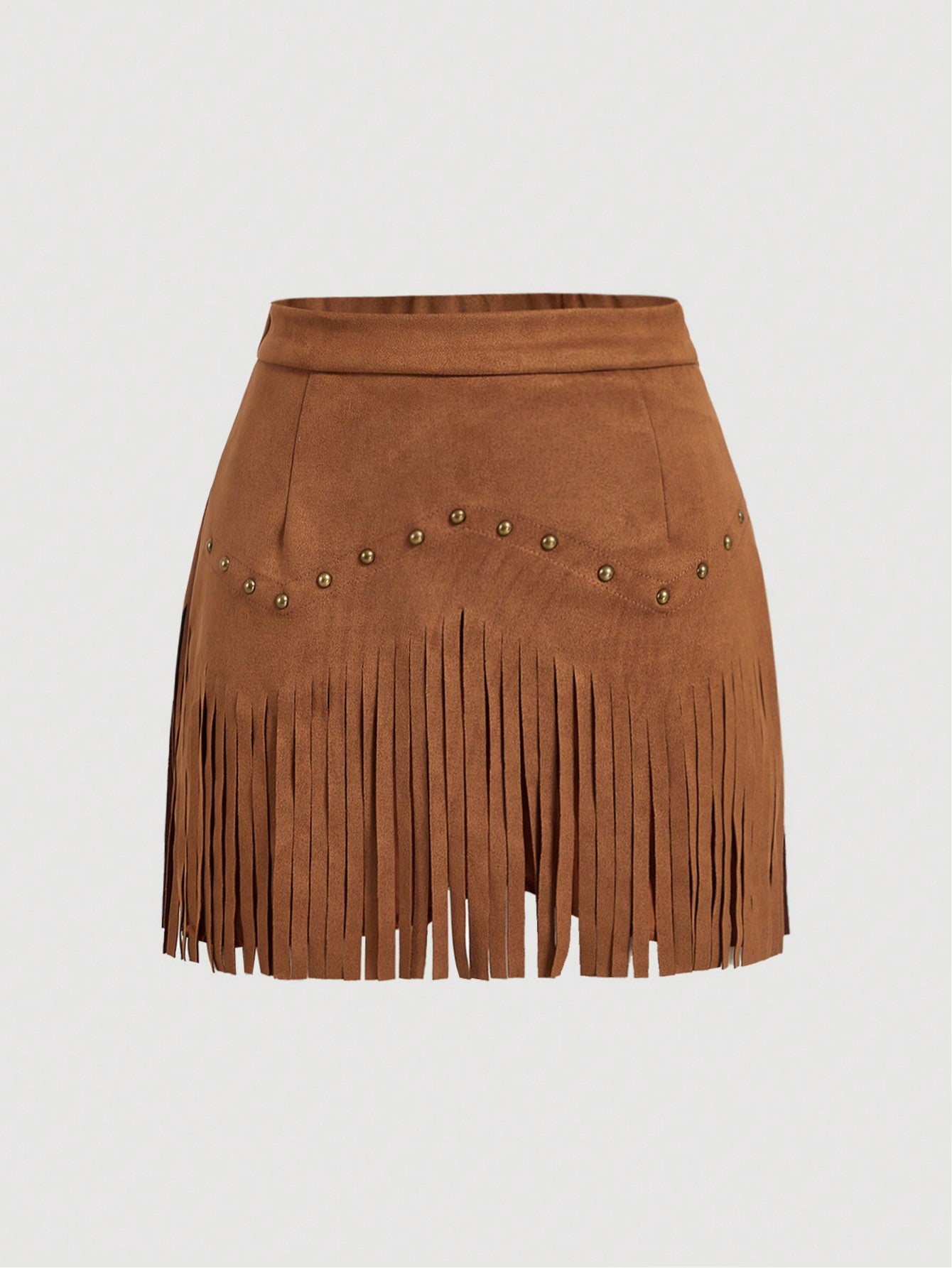 Women's Vintage Hippie Rivet Fringe Brown Suede A-Line Skirt