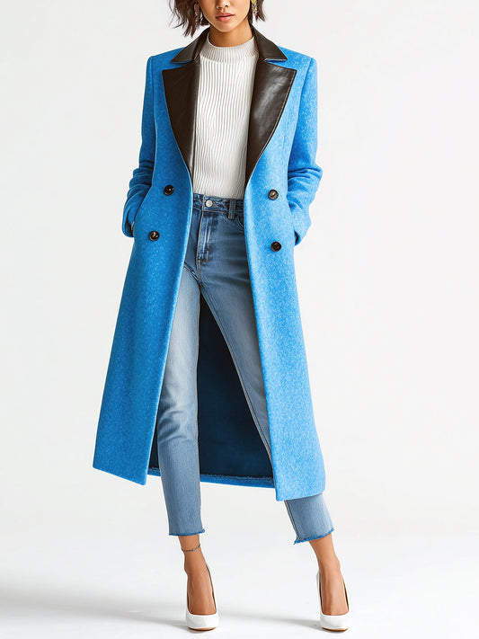 Taidalw Chic Vintage Bright Blue Wool Blend Contrast PU Collar Paneled Double-Breasted Long Coat
