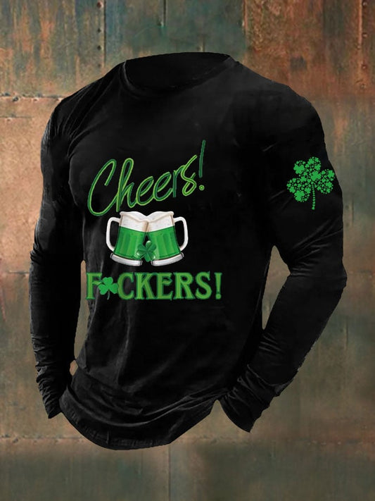 Men's Funny St. Patrick's Day Cheers Green Beer Shamrock Print Casual Long-Sleeve T-Shirt