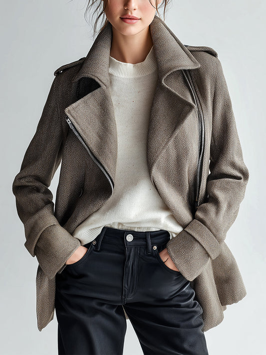 Taidalw Vintage Casual Brown Herringbone Wool Blend Lapel Asymmetric Zip Biker Style Short Coat