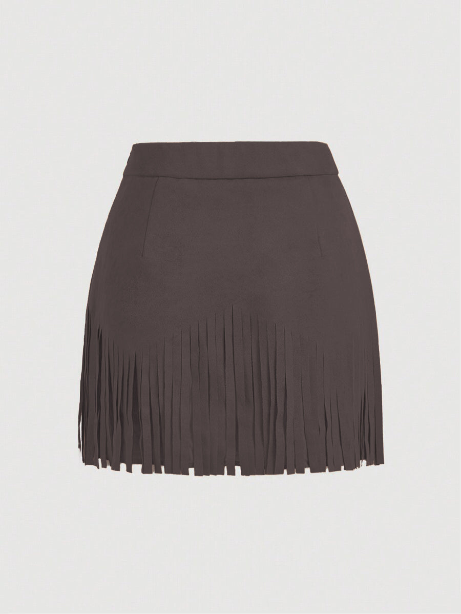 Women's Vintage Hippie Rivet Fringe Brown Suede A-Line Skirt