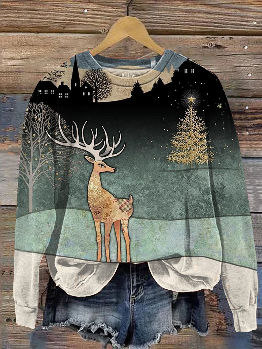 Vintage Christmas Deer Art Print Casual Sweatshirt