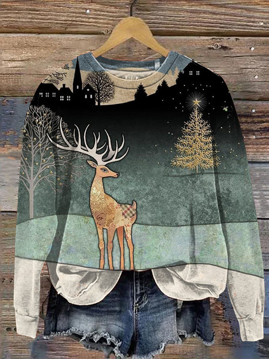 Vintage Christmas Deer Art Print Casual Sweatshirt