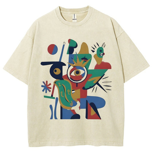 Unisex Abstract Art Geometry Printed Washed Tee