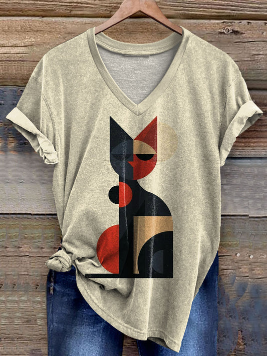 Vintage Abstrct Cat Art Print V-neck Casual T-Shirt