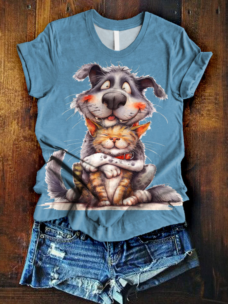 Lovely Dog And Cat Art Print Casaul T-shirt