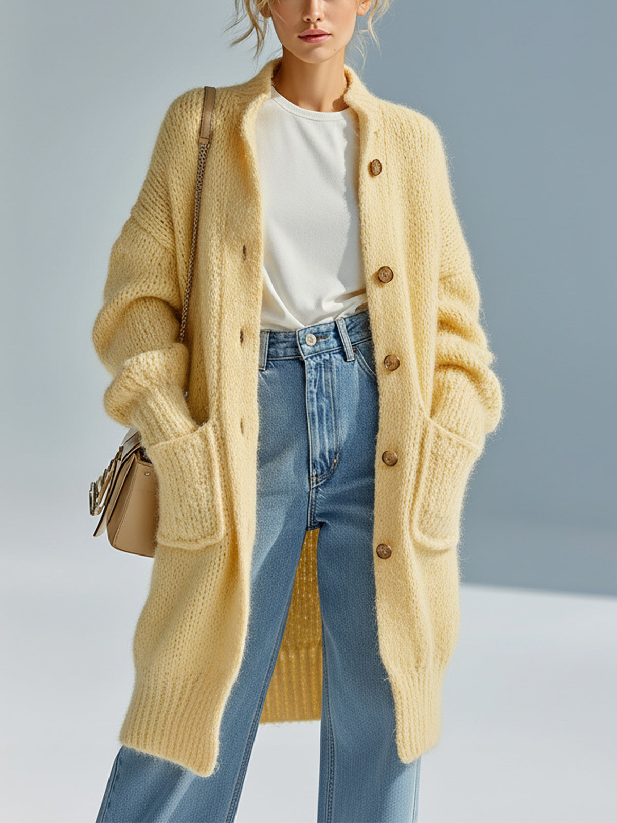 Taidalw Chic Vintage Light Yellow Stand Collar Single-breasted Long Sleeve Patch Pocket Fuzzy Knit Mid-Length Cardigan