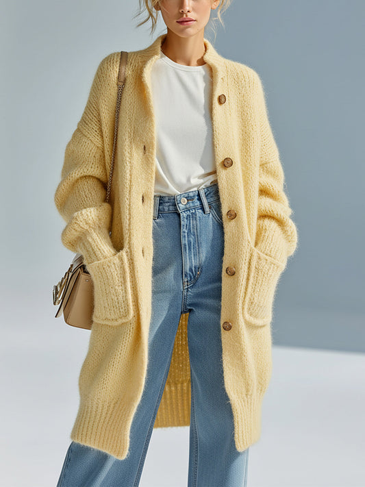 Taidalw Chic Vintage Light Yellow Stand Collar Single-breasted Long Sleeve Patch Pocket Fuzzy Knit Mid-Length Cardigan