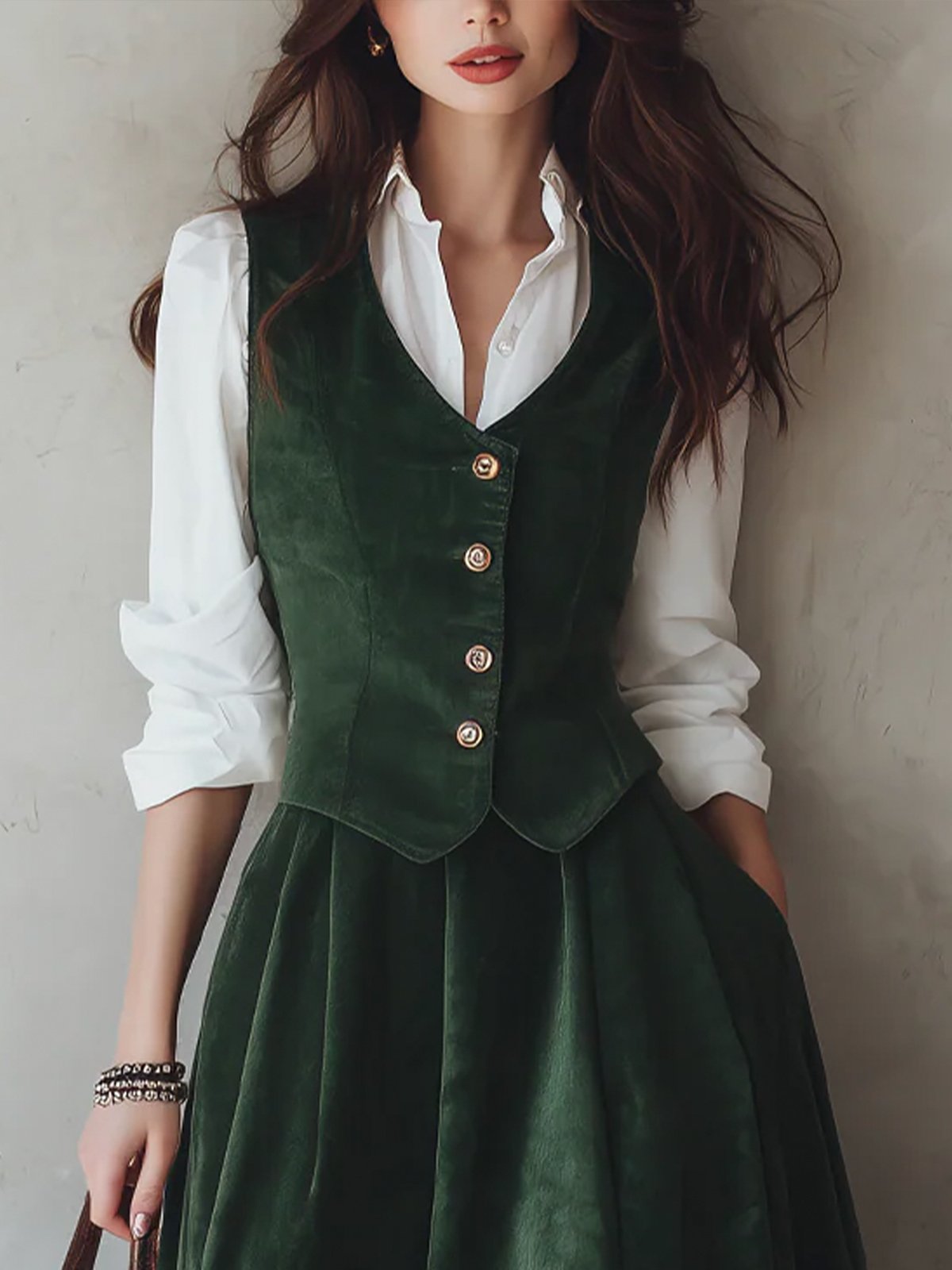 Cotton Vest, Sleeveless, V Neck, Plain, Button Design, Vintage, Green