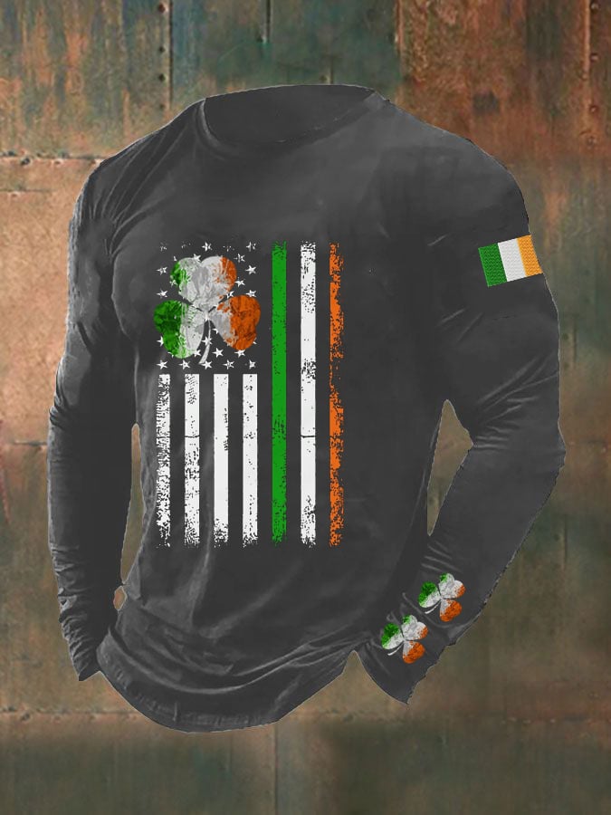 Men's St. Patrick's Day Pattern Irish Flag Casual Long Sleeve T-Shirt