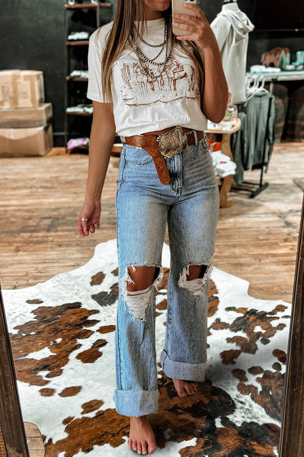 Washed ripped wide-leg jeans