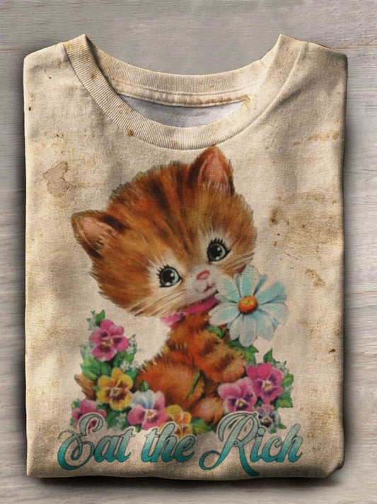 Eat The Rich Vintage Cat Print Casual Short Sleeve Top