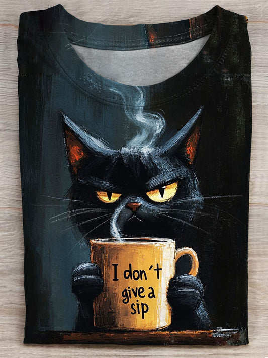 I Don’t Give A Sip Black Cat Art Print Casaul T-shirt