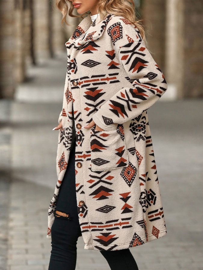 Women's Single Breasted Ethnic Style Printed Plush Long Coat