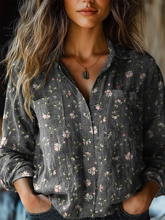 Women's Vintage Floral Art Print Casual Long Sleeve Comfortable Cotton Shirt